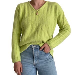 Vintage 80s Womens Gantos Soft Angora Lime Neon Green Ribbed V Neck Sweater